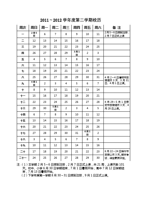 2011～2012学年度第二学期校历【模板】