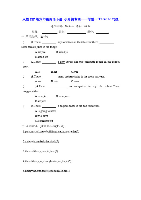 人教PEP版六年级英语下册 小升初专项——句型一 There be句型(含答案)