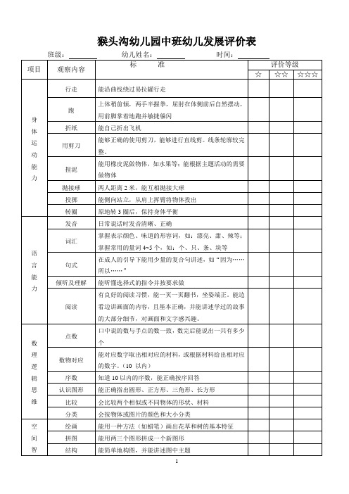 中班幼儿发展评价表