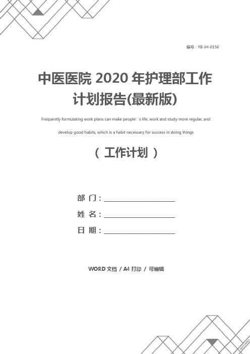 中医医院2020年护理部工作计划报告(最新版)