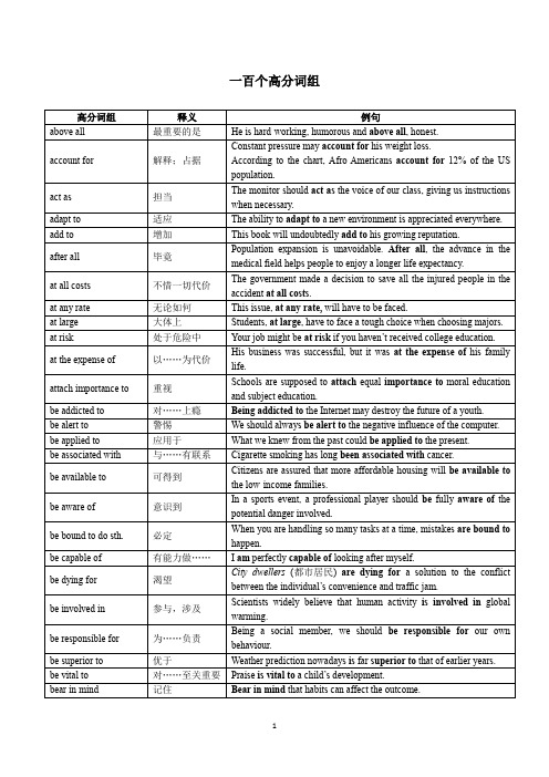 一百个高分词组(来自《名校名师高考英语作文全攻略》)