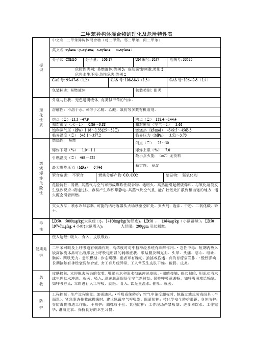 二甲苯异构体混合物的理化及危险特性表