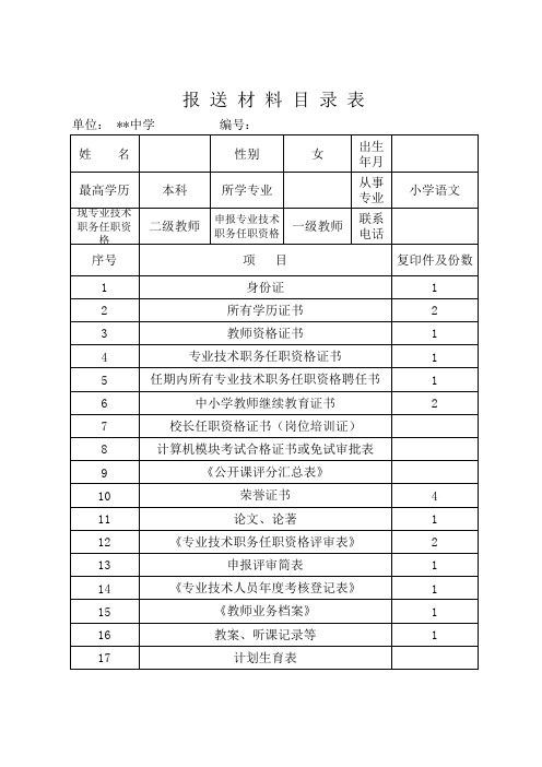 教师聘职称-报送材料目录表模板