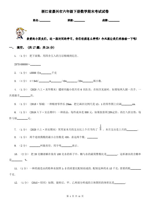 浙江省嘉兴市六年级下册数学期末考试试卷