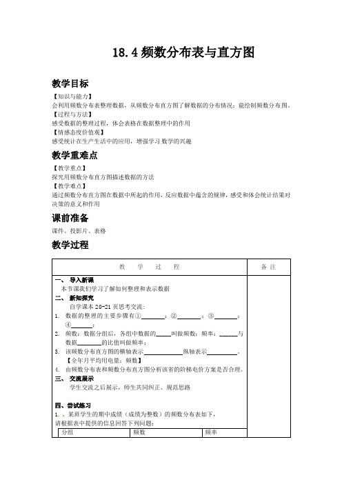 冀教版八年级数学下教案 频数分布表与直方图