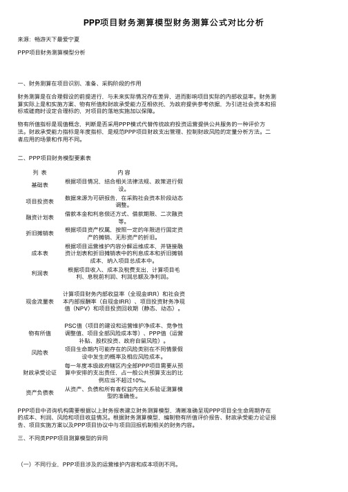 PPP项目财务测算模型财务测算公式对比分析