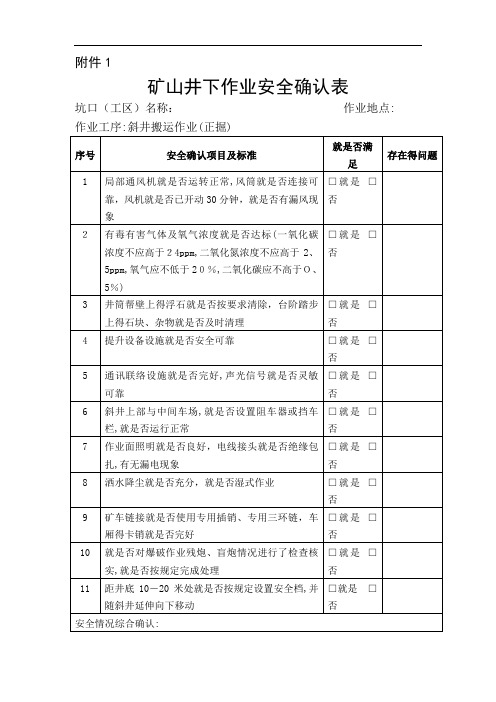 矿山井下作业安全确认表