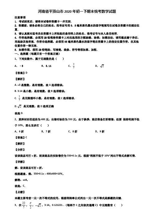 河南省平顶山市2020年初一下期末统考数学试题含解析
