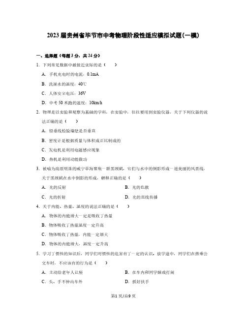 2022-2023学年贵州省毕节市中考物理阶段性适应模拟试题(一模)无答案