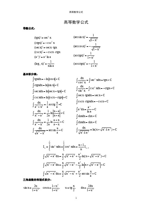 高等数学公式大全以及初等函数图像