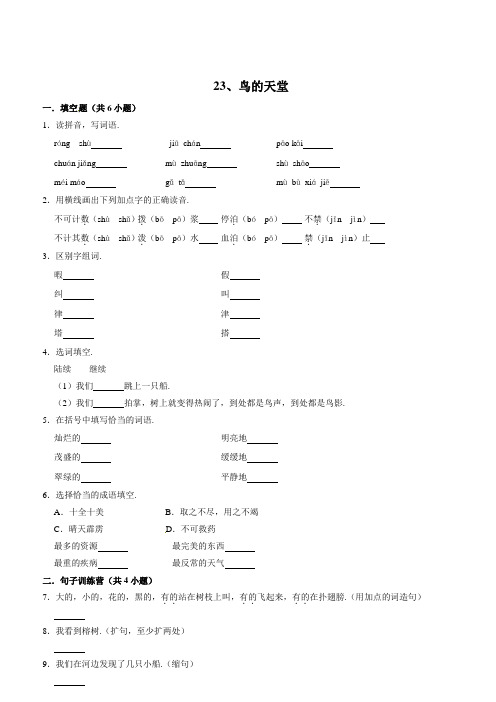 人教部编版五年级语文上册全能满分同步练习 23、鸟的天堂(含答案)