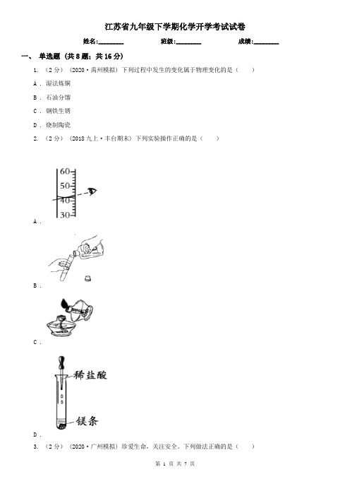 江苏省九年级下学期化学开学考试试卷