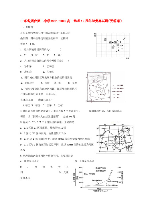 山东省烟台第二中学2021-2022高二地理12月冬学竞赛试题(无答案)