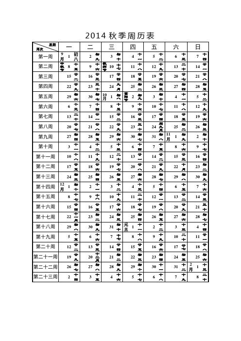 2014秋季周历表