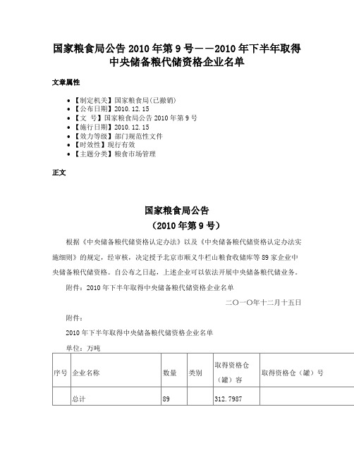 国家粮食局公告2010年第9号――2010年下半年取得中央储备粮代储资格企业名单