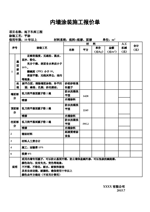 内墙涂装施工报价单