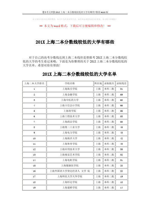 【参考文档】201X上海二本分数线较低的大学有哪些-推荐word版 (4页)