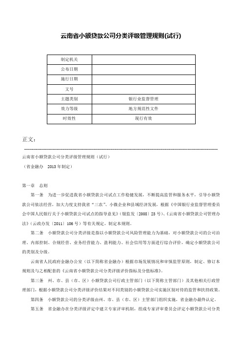 云南省小额贷款公司分类评级管理规则(试行)-