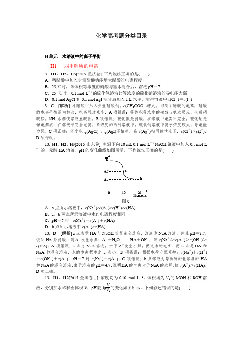 2015年高考化学真题分类汇编H单元 水溶液中的离子平衡