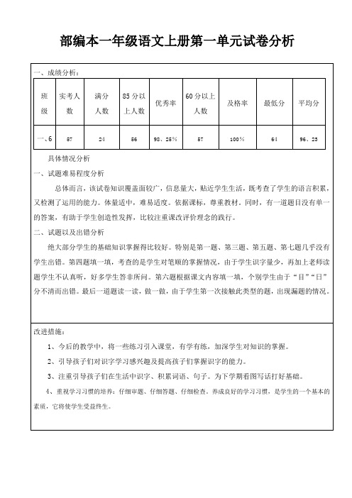 部编本一年级语文上册第一单元试卷分析