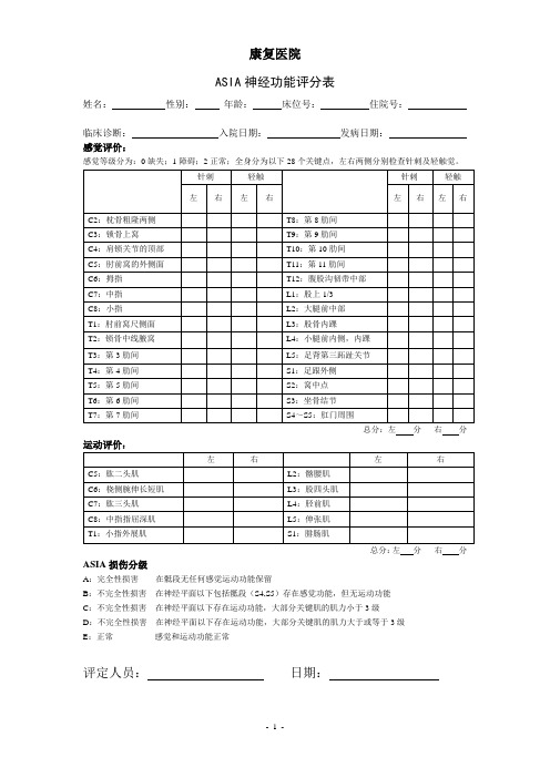 ASIA神经功能评分表