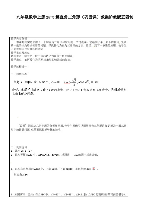 九年级数学上册25-3解直角三角形(巩固课)教案沪教版五四制