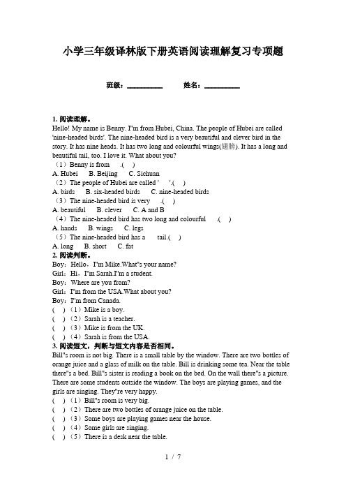 小学三年级译林版下册英语阅读理解复习专项题