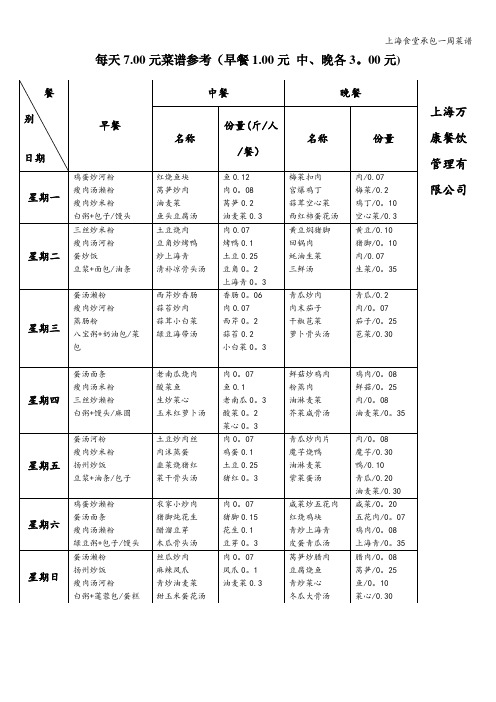 上海食堂承包一周菜谱