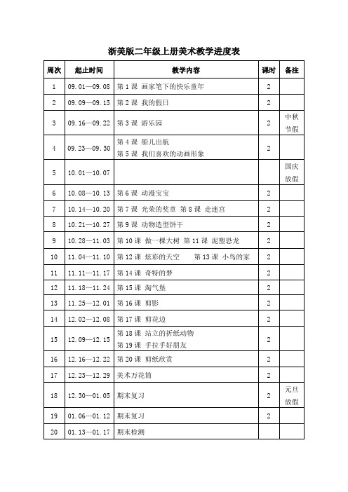 浙美版二年级上册美术教学进度表