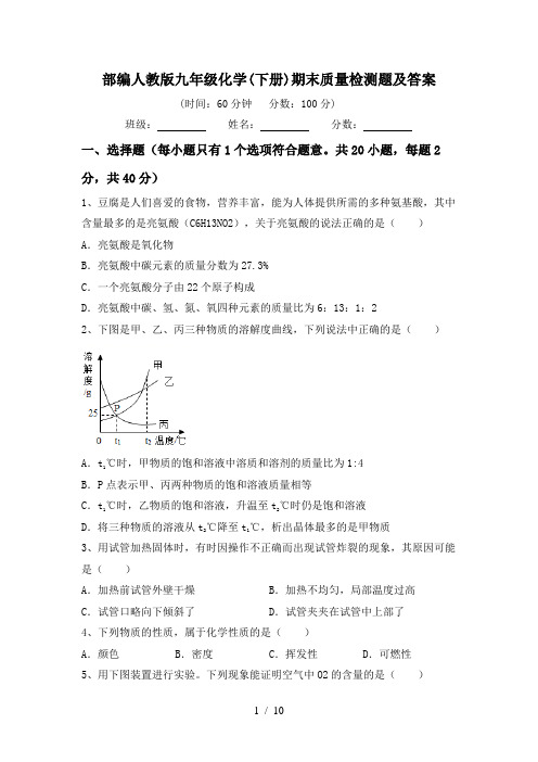 部编人教版九年级化学(下册)期末质量检测题及答案