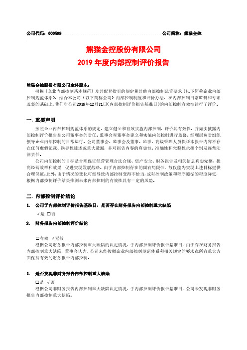 熊猫金控：2019年度内部控制评价报告