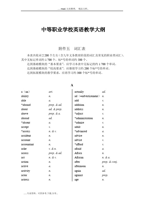 中等职业学校英语教学大纲——附件五：词汇表