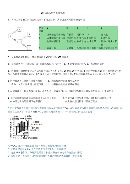 学生版：2016北京高考生物真题和答案