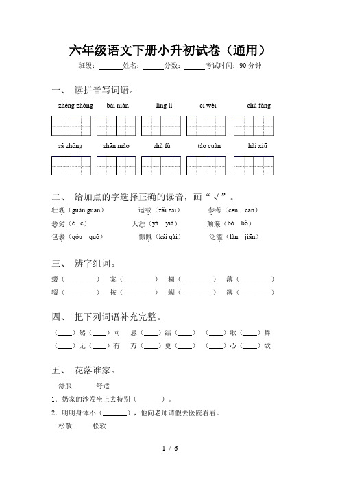 六年级语文下册小升初试卷(通用)