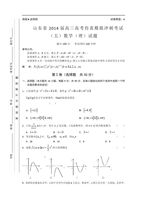 山东省2014届高三高考仿真模拟冲刺考试(五)数学理 含答案