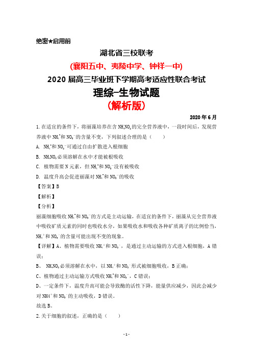 2020年6月湖北三校(襄阳五中夷陵中学钟祥一中)2020届高三高考适应性联考理综生物试题(解析版)