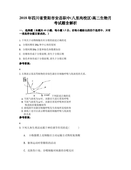 2018年四川省资阳市安岳职中(八里沟校区)高二生物月考试题含解析