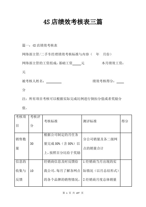 4S店绩效考核表三篇