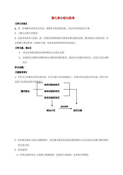 江苏省句容市后白中学七年级数学下册 9 从面积到乘法公式小结与思考复习学案(无答案)(新版)苏科版