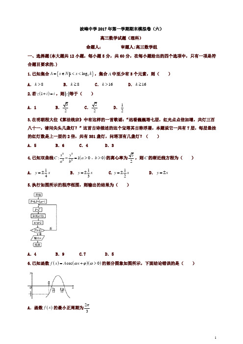 【精品】河北省涞水2017届高三下学期模拟考试六(210周考)数学(理)试题_有答案