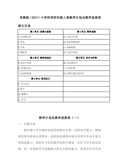 2021-2022苏教版(2017)小学科学四年级上册教学计划及进度表共二套(新教材)