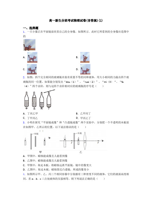 高一新生分班考试物理试卷(含答案)(1)