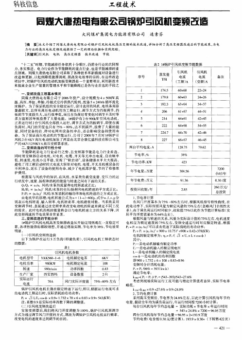 同煤大唐热电有限公司锅炉引风机变频改造