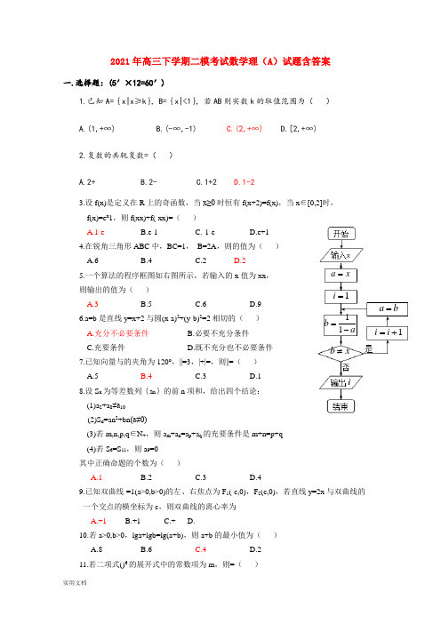 2021-2022年高三下学期二模考试数学理(A)试题含答案