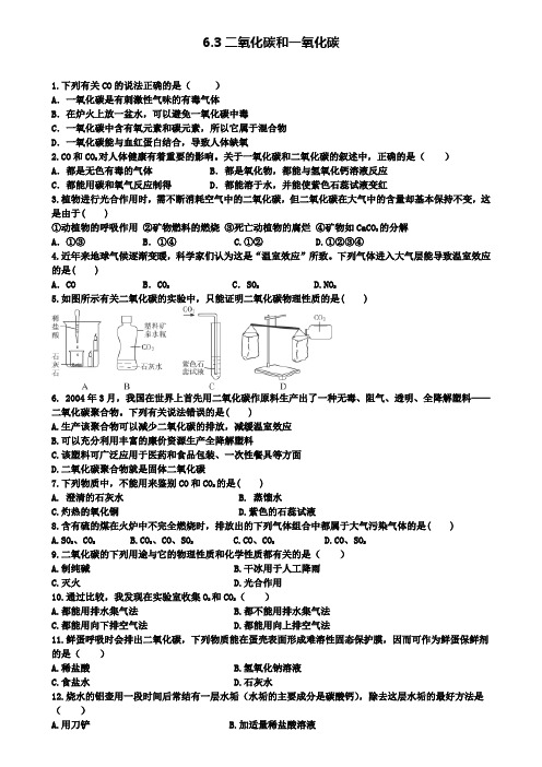 九年级化学上册第六单元碳和碳的氧化物6.3二氧化碳和一氧化碳课时训练(附模拟试卷含答案)