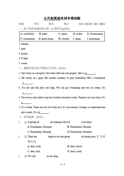 小升初英语名词专项训练含答案