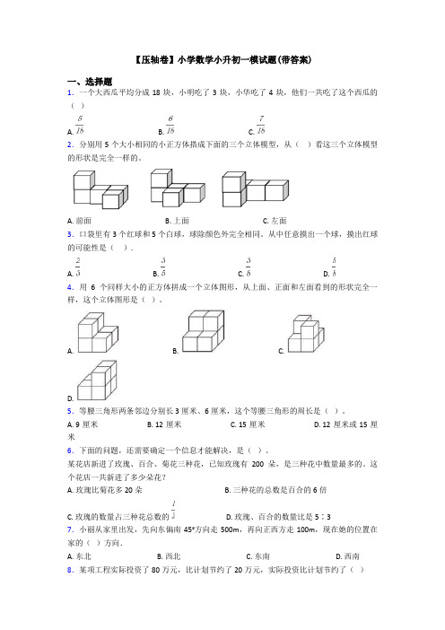 【压轴卷】小学数学小升初一模试题(带答案)