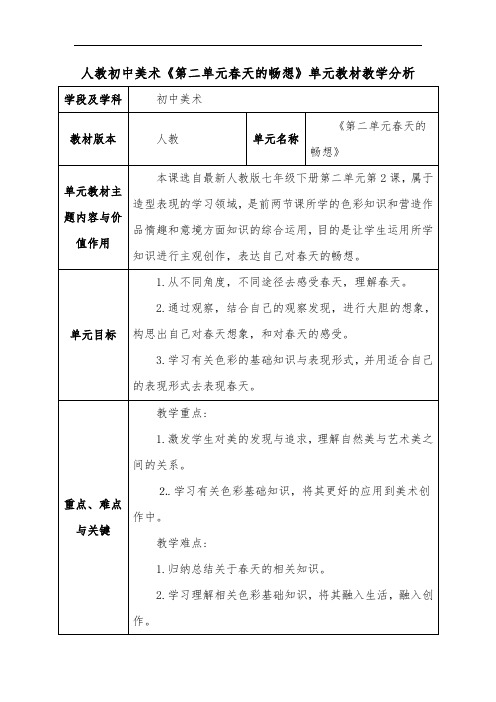 人教初中美术《第二单元春天的畅想》单元教材教学分析