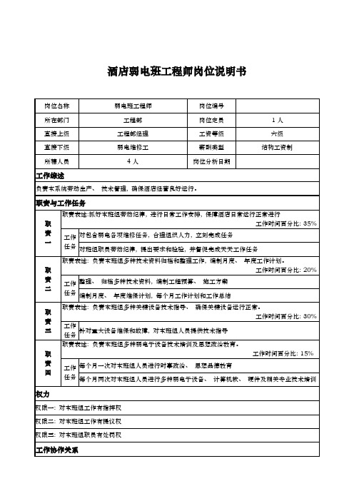 酒店弱电班工程师岗位说明书