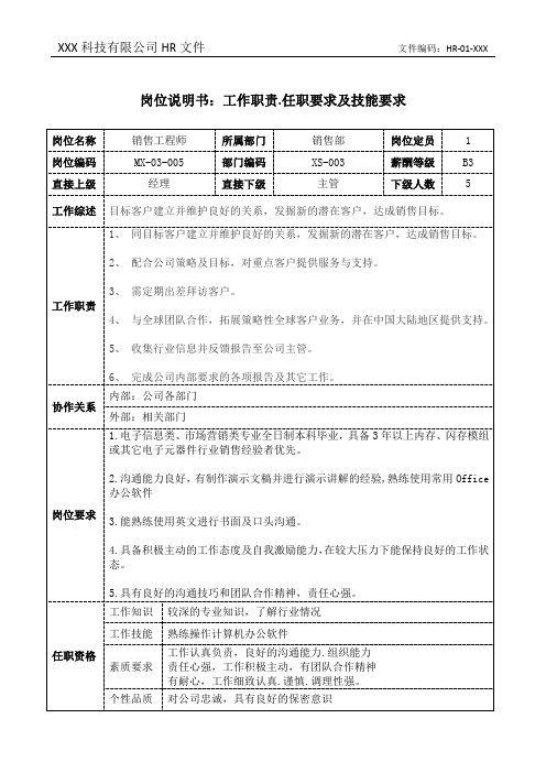 销售工程师岗位说明书工作职责和任职要求